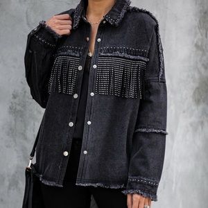 STUDDED FRINGE DENIM TOP